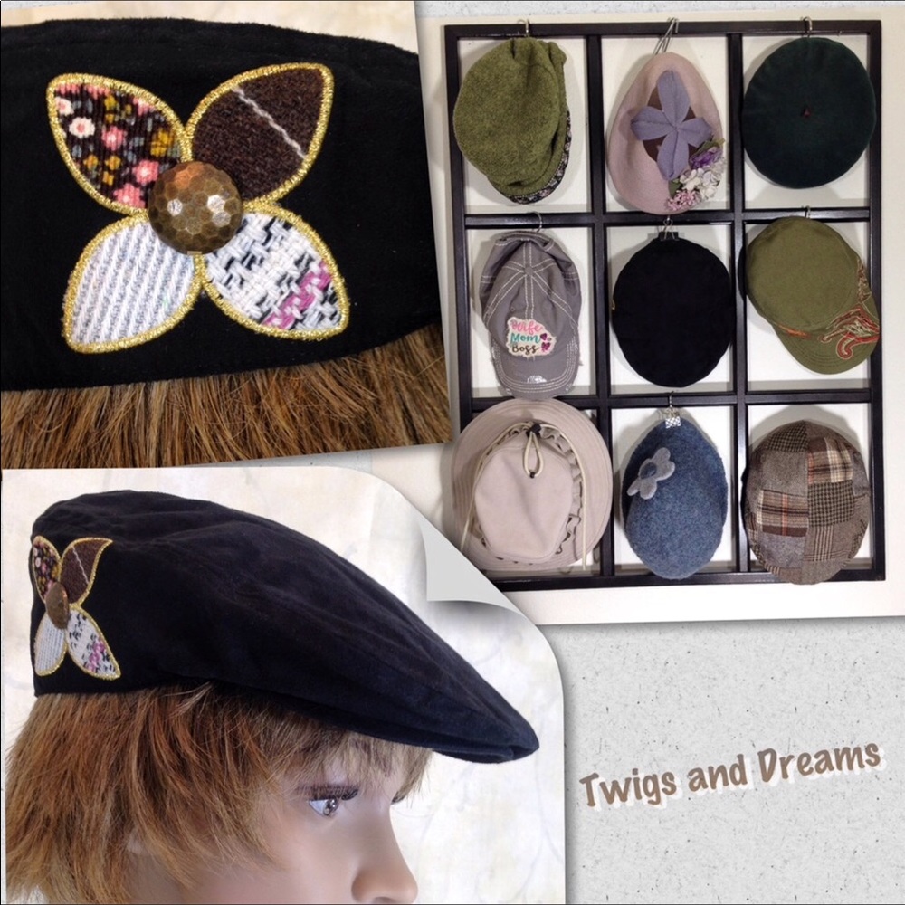 Newsboy Flat Cap Black Gold Flower Soft Hat OS